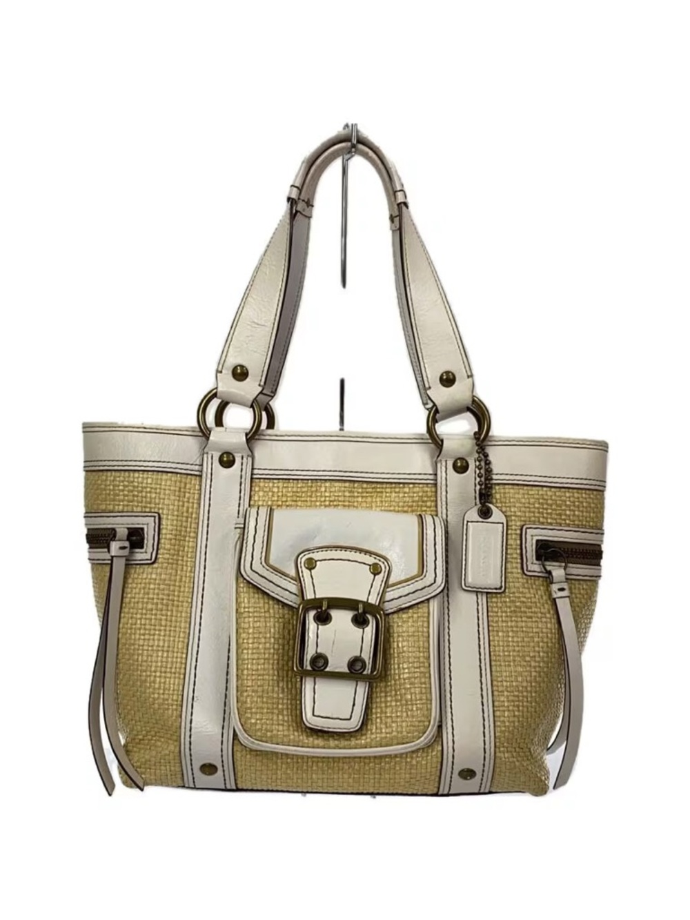 Vintage Coach Beige Woven Tote with White Trim